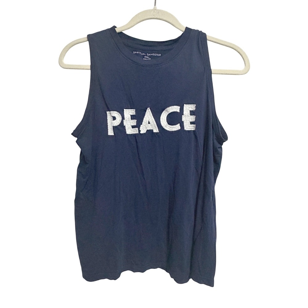 Spiritual Gangster Peace Embroidered Navy Muscle Tank Top Yoga Boho Small